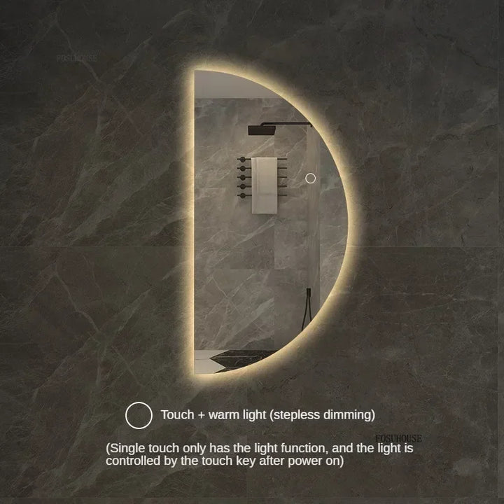 Espelhos de banho inteligentes semicirculares, tela sensível ao toque led, espelho de parede iluminado para banheiro, espelhos decorativos em formato especial