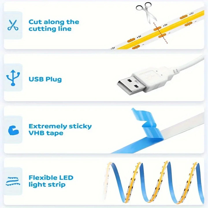 LED Strip Light Com Toque Controle Dimmer, COB Lâmpada, Alta Densidade, Fita Flexível Luzes, Decoração Do Armário, Casa, USB, RA90, 320LEDs, 5V