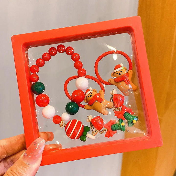 Conjunto Joias Natal Infantil Pulseira Colorida Anel Brilho