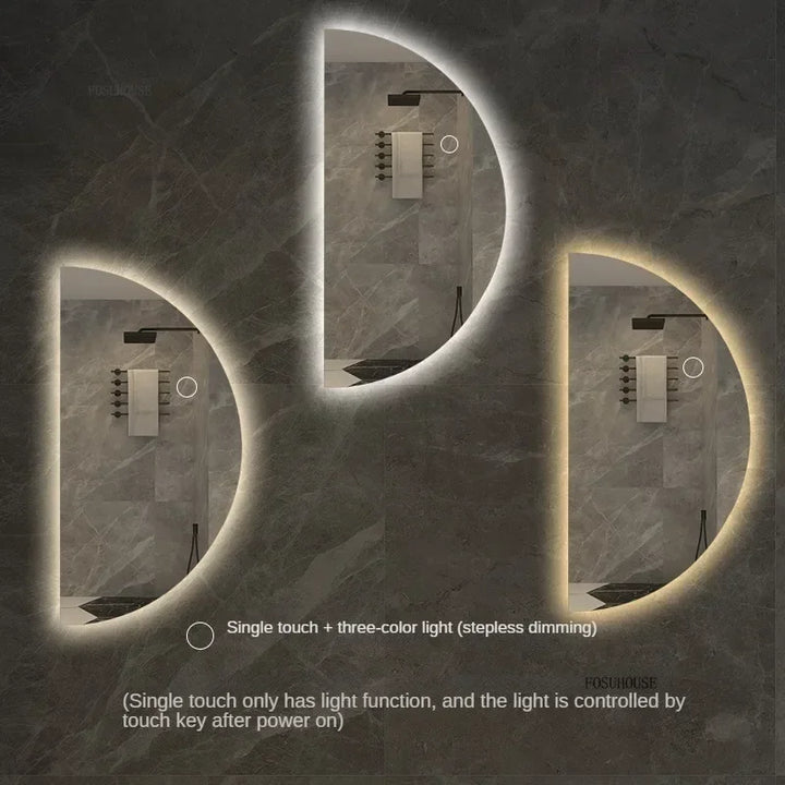 Espelhos de banho inteligentes semicirculares, tela sensível ao toque led, espelho de parede iluminado para banheiro, espelhos decorativos em formato especial