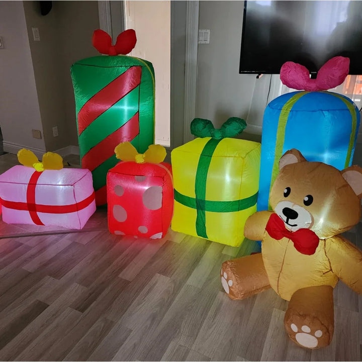Urso Inflável De Natal 3m Com 6 Caixas De Presente Luzes LED Embutidas Inflado Brinquedo Ao Ar Livre Festa Quintal