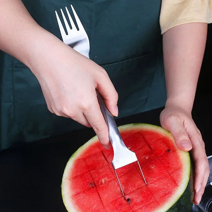 Aço inoxidável melancia garfo fatiador, 2 em 1 faca cortadora, Corte de frutas multiuso, Acessórios de cozinha by Casa Perfeita