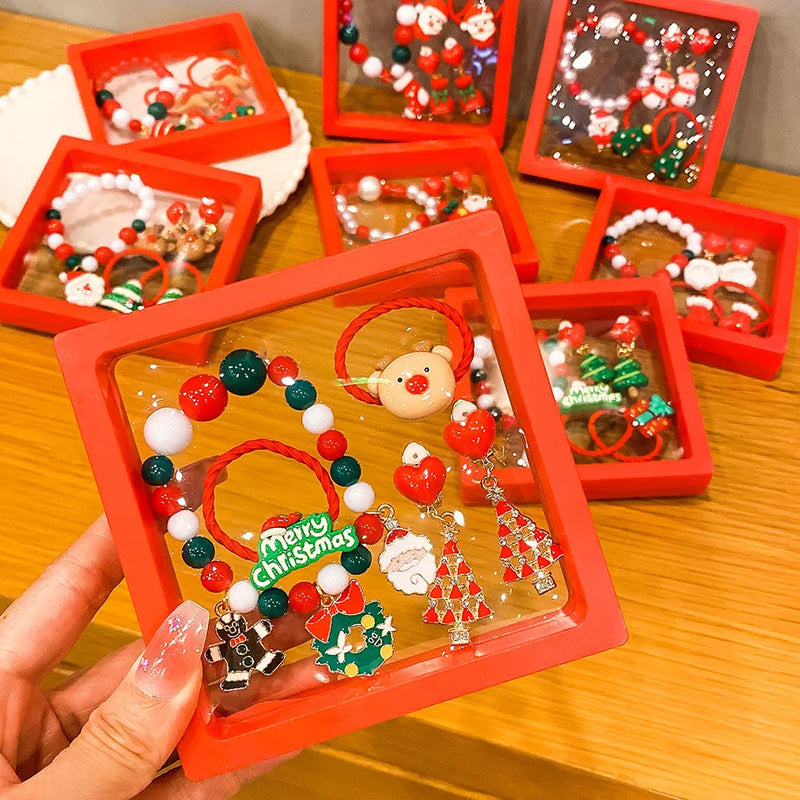 Conjunto Joias Natal Infantil Pulseira Colorida Anel Brilho