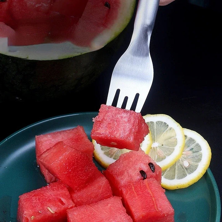 Aço inoxidável melancia garfo fatiador, 2 em 1 faca cortadora, Corte de frutas multiuso, Acessórios de cozinha by Casa Perfeita
