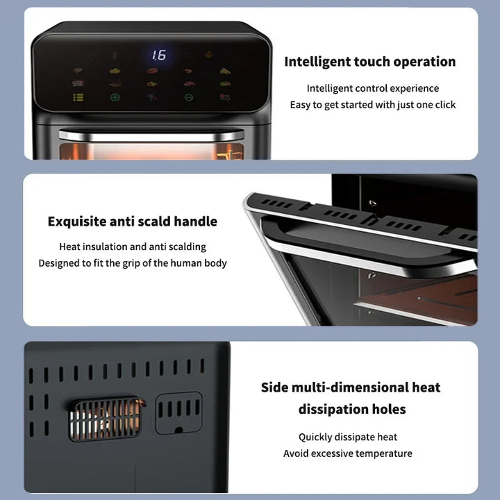 Fritadeiras elétricas de ar de grande capacidade 10L Cozinha doméstica automática sem óleo 360 ° Fritadeira com forno de convecção sem óleo