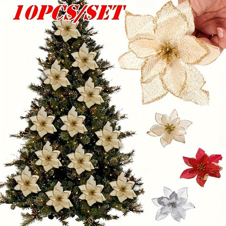 Flores Poinsettia Glitter Natal 10 Peças Decoração Festiva by Casa Perfeita