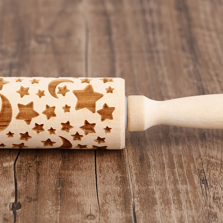 Rolinho de Madeira Gravado a Laser Estrelas Lua para Massas