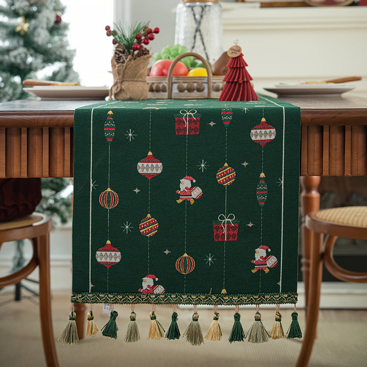 Rustic Polyester Blend Christmas Table Runner, Rectangular with Tassel, Festive Christmas Ball & Santa Pattern, Dotted Design, Holiday Party Dining Decor, for Home Kitchen & Dining Room by Casa Perfeita
