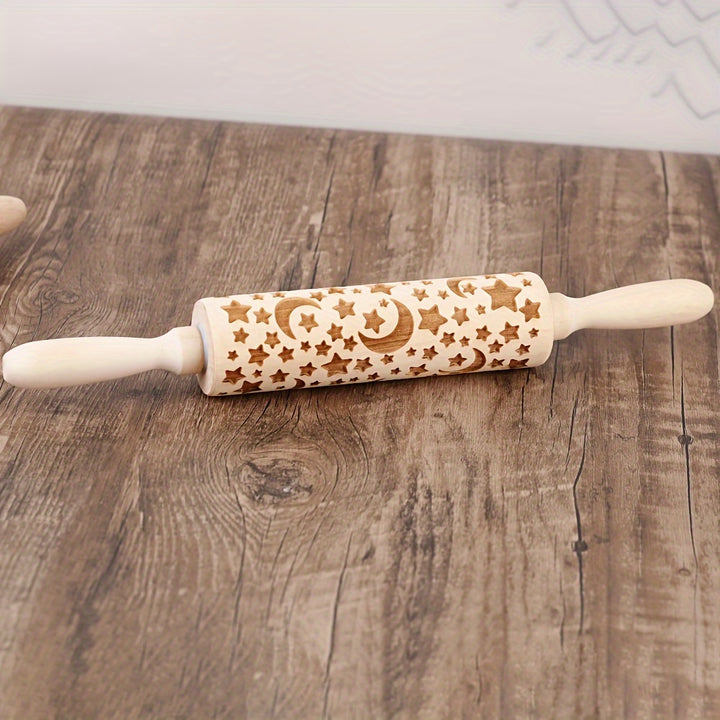 Rolinho de Madeira Gravado a Laser Estrelas Lua para Massas