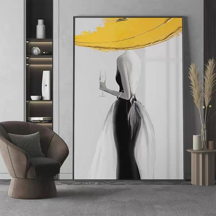 Modern Sexy Woman Yellow Hat Handmade Canvas Oil Painting Abstract Nordic Luxury Artwork Posters Living Room Canvas Wall Aesthetic Home Decor by 253444