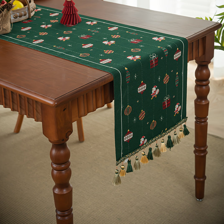 Rustic Polyester Blend Christmas Table Runner, Rectangular with Tassel, Festive Christmas Ball & Santa Pattern, Dotted Design, Holiday Party Dining Decor, for Home Kitchen & Dining Room by Casa Perfeita