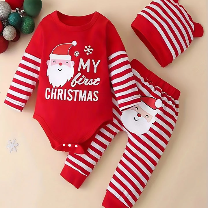 Conjunto Bebê Natal 3 Peças Casual Com Boné Papai Noel