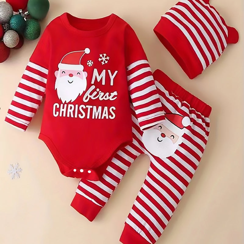 Conjunto Bebê Natal 3 Peças Casual Com Boné Papai Noel