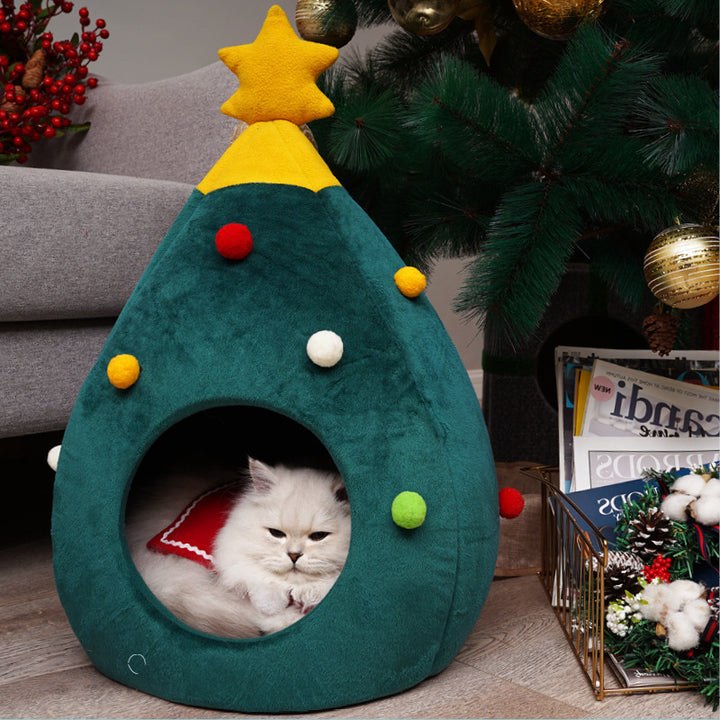 Cama De Gato Em Forma De Árvore De Natal Em Feltro S M L