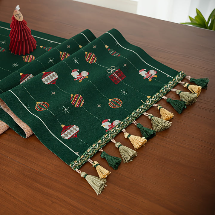 Rustic Polyester Blend Christmas Table Runner, Rectangular with Tassel, Festive Christmas Ball & Santa Pattern, Dotted Design, Holiday Party Dining Decor, for Home Kitchen & Dining Room by Casa Perfeita