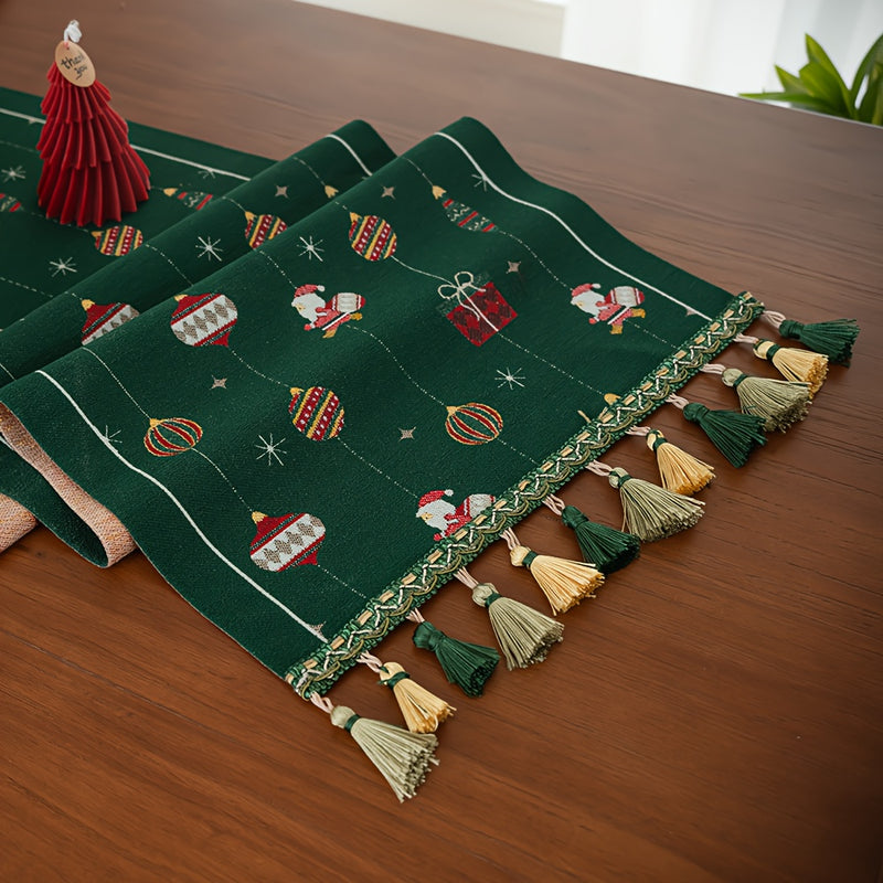 Rustic Polyester Blend Christmas Table Runner, Rectangular with Tassel, Festive Christmas Ball & Santa Pattern, Dotted Design, Holiday Party Dining Decor, for Home Kitchen & Dining Room by Casa Perfeita