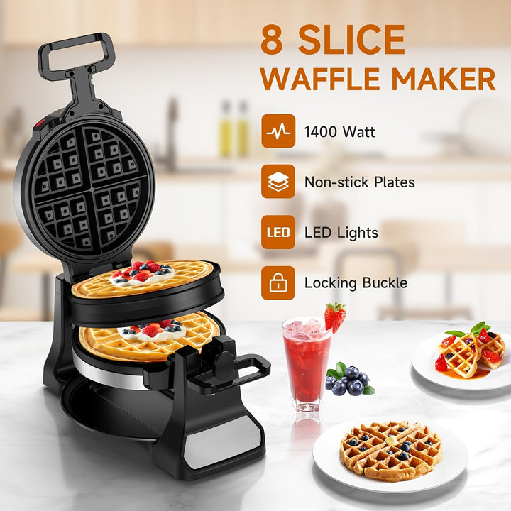 Máquina de Waffles Belgas Dobrável 180 Graus 1400W 8 Porções