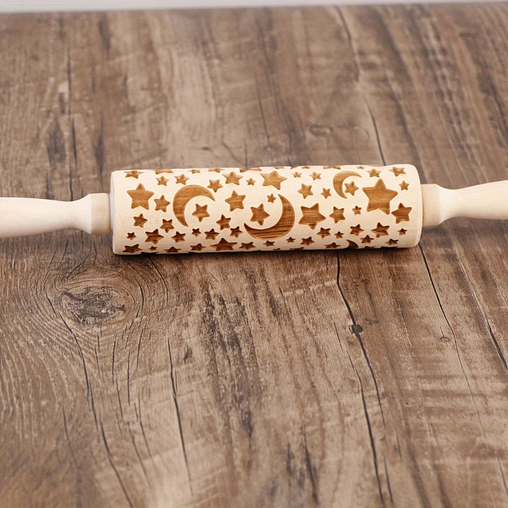 Rolinho de Madeira Gravado a Laser Estrelas Lua para Massas