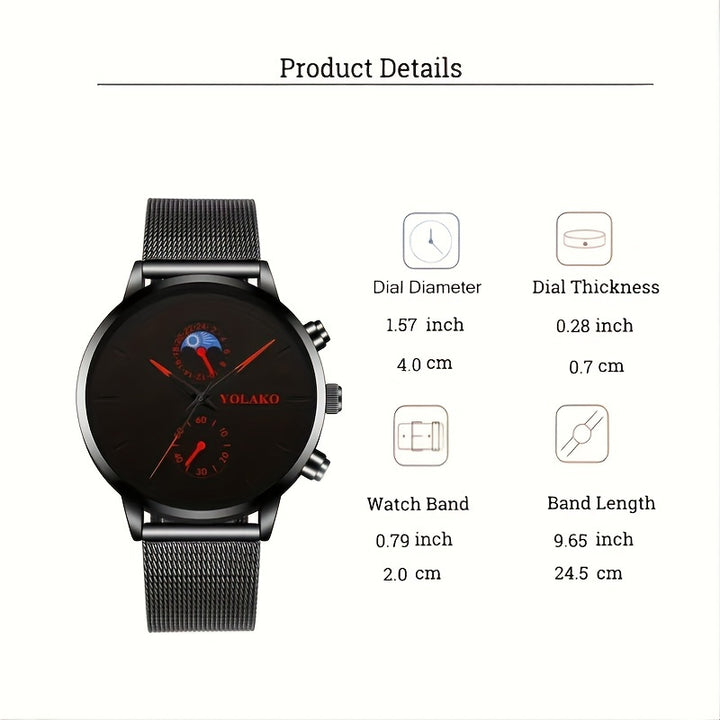 Relógio Masculino Preto com Pulseira Malha de Aço Quartzo