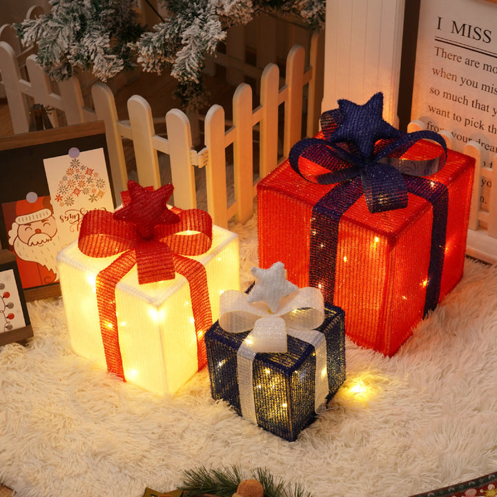 Remote Control Christmas Gift Box Lights Christmas Three-piece Decoration by 253444