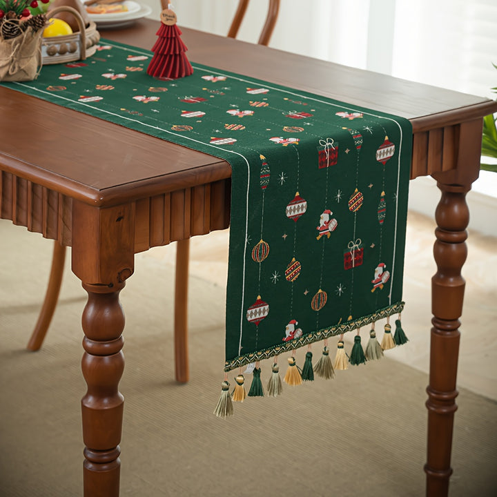 Rustic Polyester Blend Christmas Table Runner, Rectangular with Tassel, Festive Christmas Ball & Santa Pattern, Dotted Design, Holiday Party Dining Decor, for Home Kitchen & Dining Room by Casa Perfeita