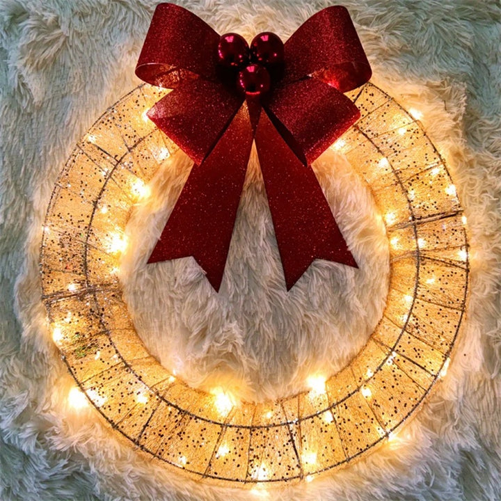 Christmas Garland 50CM Luminous LED Warm Light Metal Luminous Wreath With Big Bowknot Christmas Front Door Home Holiday Party Door Hanging Decor by 253444