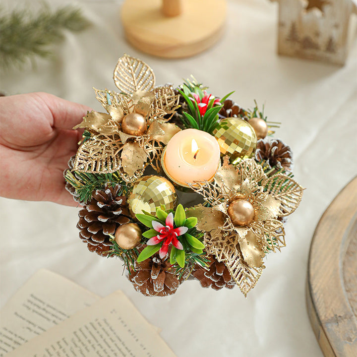 Christmas Candle Metals Candlestick Wreath Artificial Pinball Pinecone Candle Holder Fake Leaves Xmas New Year Home Table Decor by 253444