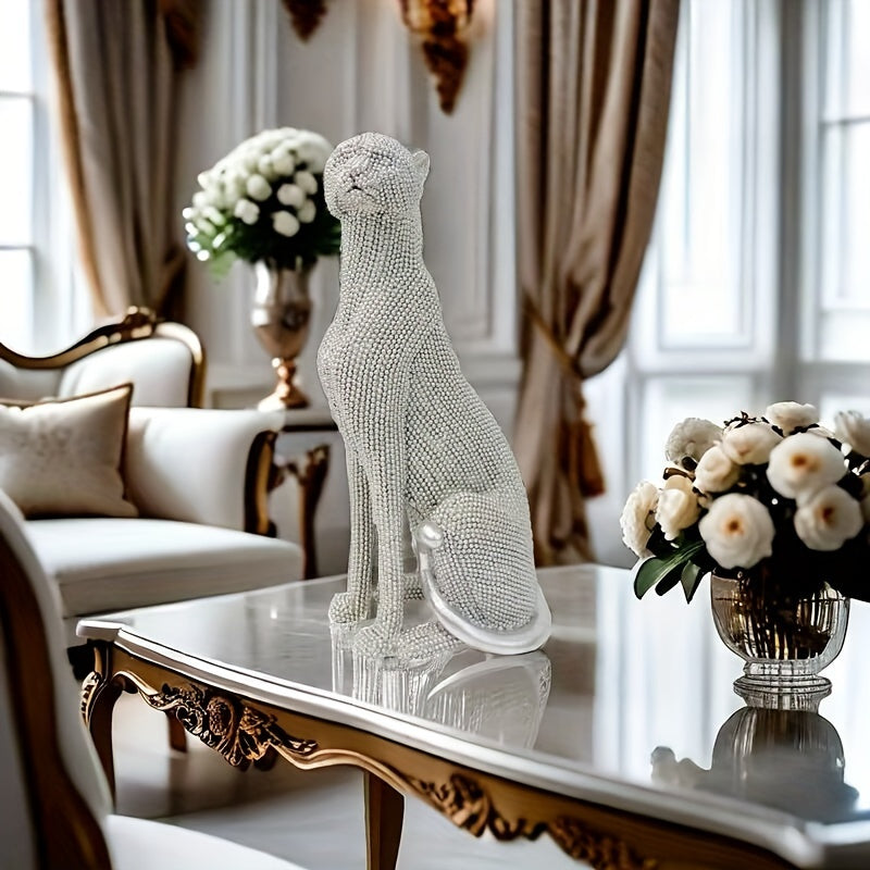 Glam Style Resin Cheetah Sculpture, 1PC Beaded Sitting Leopard Statue for Home Decor, Living Room, Study, Office Desk, Multipurpose Holiday Gift for Christmas, Thanksgiving, New Year - For Ages 14+ by Casa Perfeita