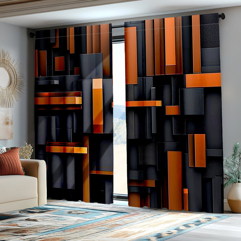 Cortinas Abstratas Geométricas Preto Laranja Branco