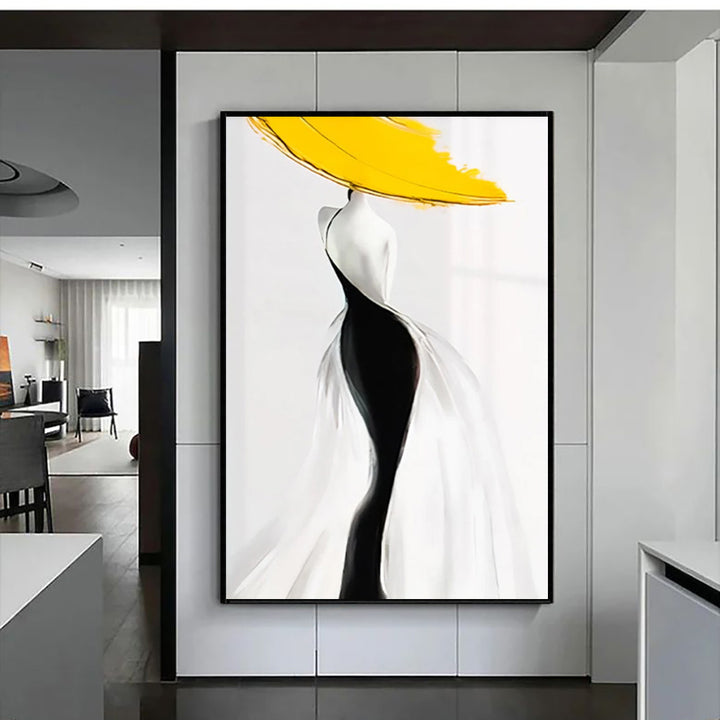 Modern Sexy Woman Yellow Hat Handmade Canvas Oil Painting Abstract Nordic Luxury Artwork Posters Living Room Canvas Wall Aesthetic Home Decor by 253444