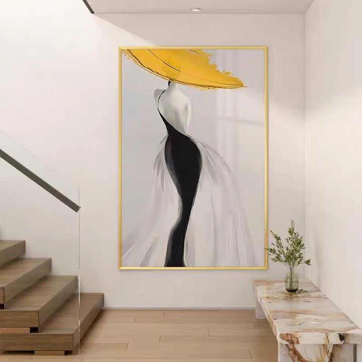 Modern Sexy Woman Yellow Hat Handmade Canvas Oil Painting Abstract Nordic Luxury Artwork Posters Living Room Canvas Wall Aesthetic Home Decor by 253444