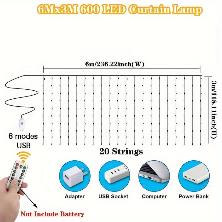 Classic Indoor 600 LED Curtain String Lights with Remote Control, 5.97meter x 298.7cm USB Powered Fairy Lights for Bedroom Window Christmas Decoration, Plastic, Holiday-slogans Theme with IR Sensor Function, Multiple Modes - by Casa Perfeita