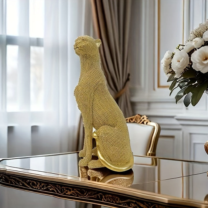 Glam Style Resin Cheetah Sculpture, 1PC Beaded Sitting Leopard Statue for Home Decor, Living Room, Study, Office Desk, Multipurpose Holiday Gift for Christmas, Thanksgiving, New Year - For Ages 14+ by Casa Perfeita