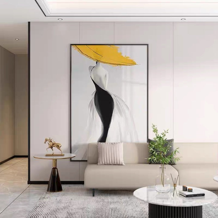 Modern Sexy Woman Yellow Hat Handmade Canvas Oil Painting Abstract Nordic Luxury Artwork Posters Living Room Canvas Wall Aesthetic Home Decor by 253444