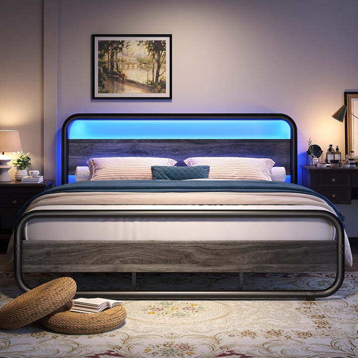 Cama Metálica com Cabeceira de Madeira e Armazenamento