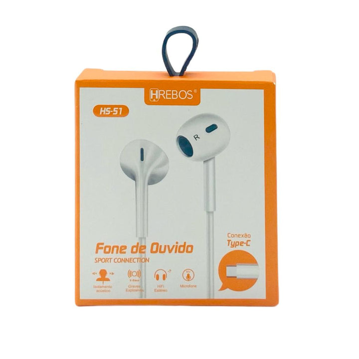 Fone de Ouvido Tipo C Hrebos Com Fio Estéreo HS-51 by 253444