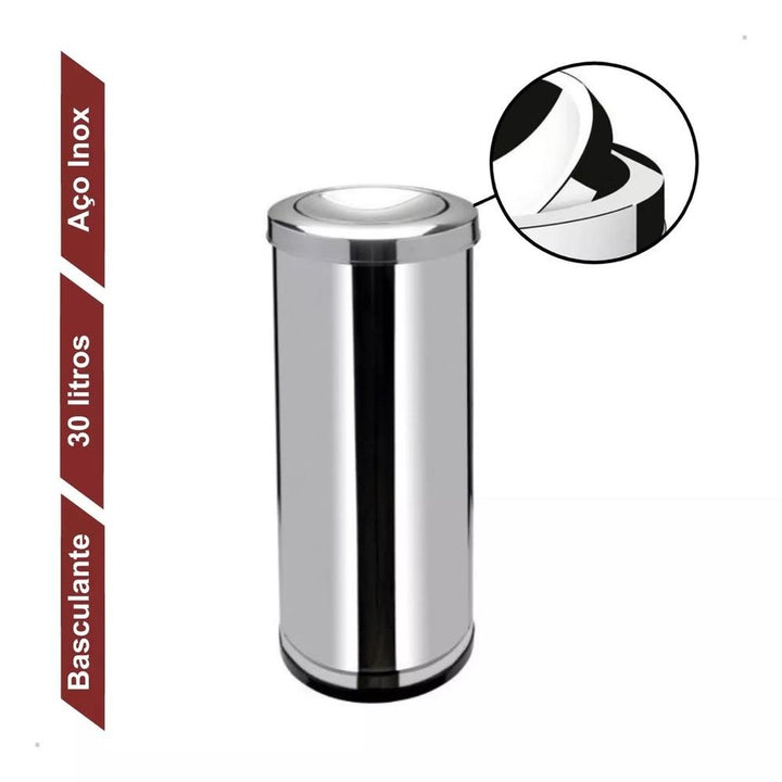 Lixeira Inox Basculante 30 Litros Tampa Giratória Cesto Luxo Escritório Banheiro Cozinha Prata Grande by 529717