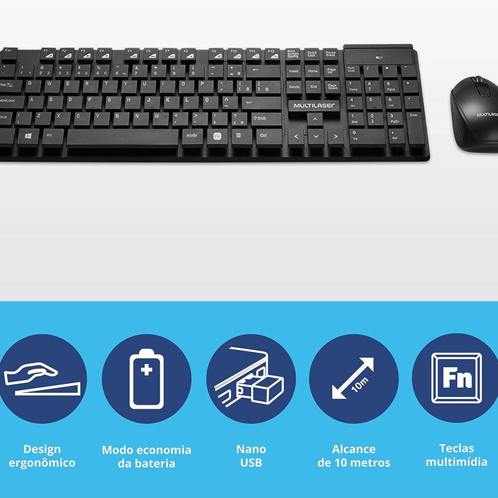 KIT TECLADO E MOUSE SEM FIO MULTILASER TECLAS FLUTUANTES PRETO TC251 by 537135