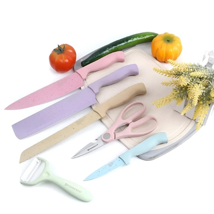 Kit Facas Inox Coloridas 6 Peças Gourmet Conjunto Faqueiro Com Descascador Tesoura Acessórios Cozinha by 529717