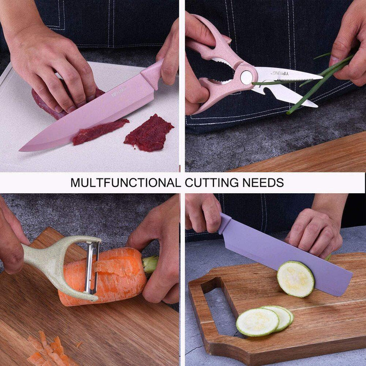 Kit Facas Inox Coloridas 6 Peças Gourmet Conjunto Faqueiro Com Descascador Tesoura Acessórios Cozinha by 529717