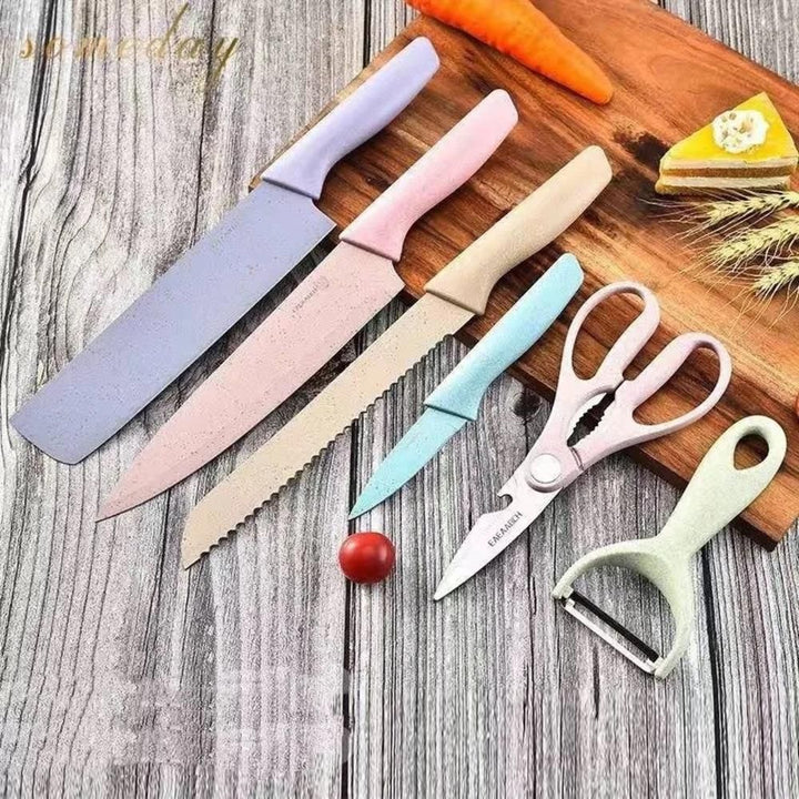 Kit Facas Inox Coloridas 6 Peças Gourmet Conjunto Faqueiro Com Descascador Tesoura Acessórios Cozinha by 529717