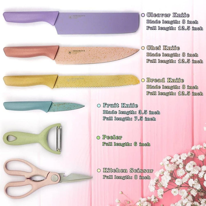 Kit Facas Inox Coloridas 6 Peças Gourmet Conjunto Faqueiro Com Descascador Tesoura Acessórios Cozinha by 529717