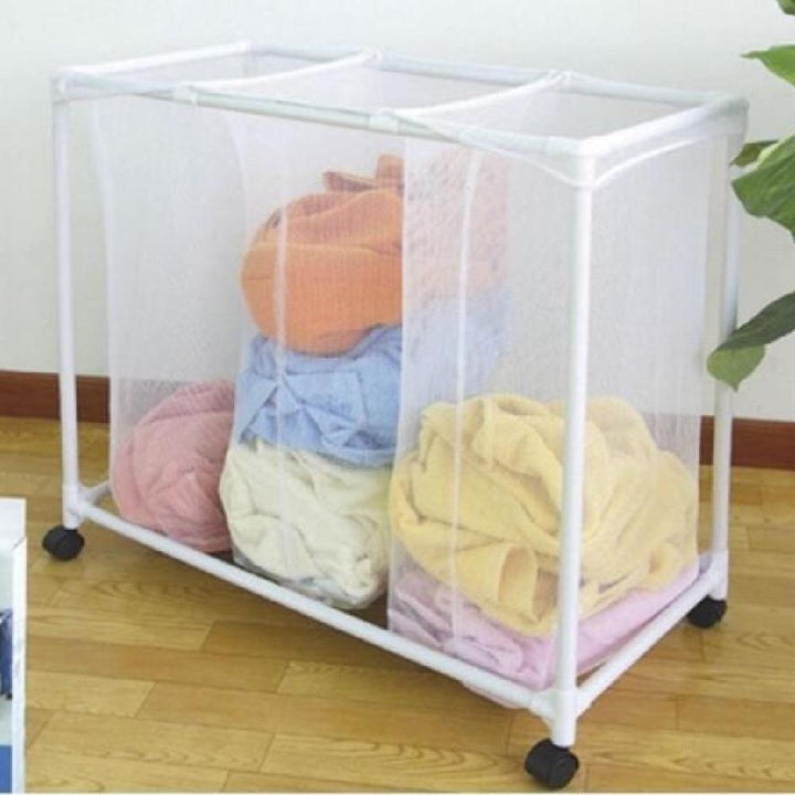 Carrinho Lavanderia Triplo Organizador Cesto Roupas 3 Divisórias Lençol Toalha Casa Hotel Pousada Rodinhas by 529717