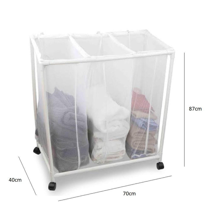 Carrinho Lavanderia Triplo Organizador Cesto Roupas 3 Divisórias Lençol Toalha Casa Hotel Pousada Rodinhas by 529717
