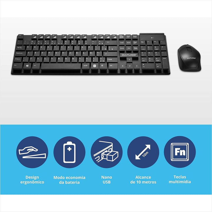 KIT TECLADO E MOUSE SEM FIO MULTILASER TECLAS FLUTUANTES PRETO TC251 by 537135